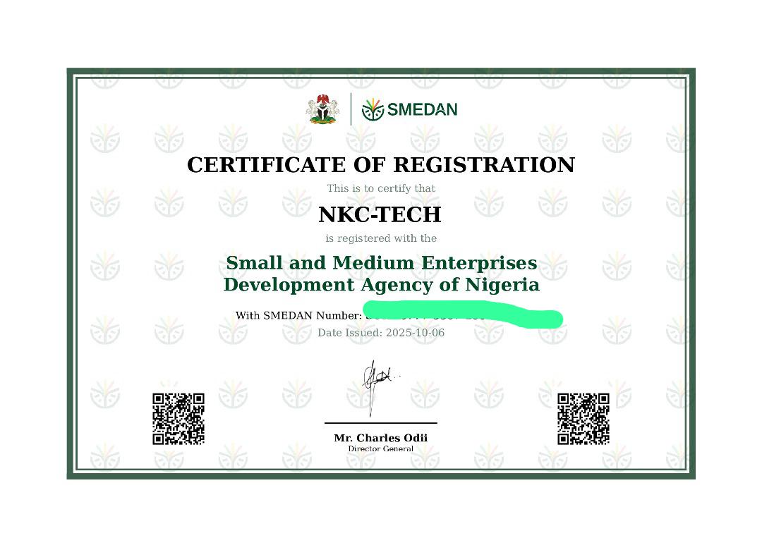 SMEDAN Certificate - NKC TECH